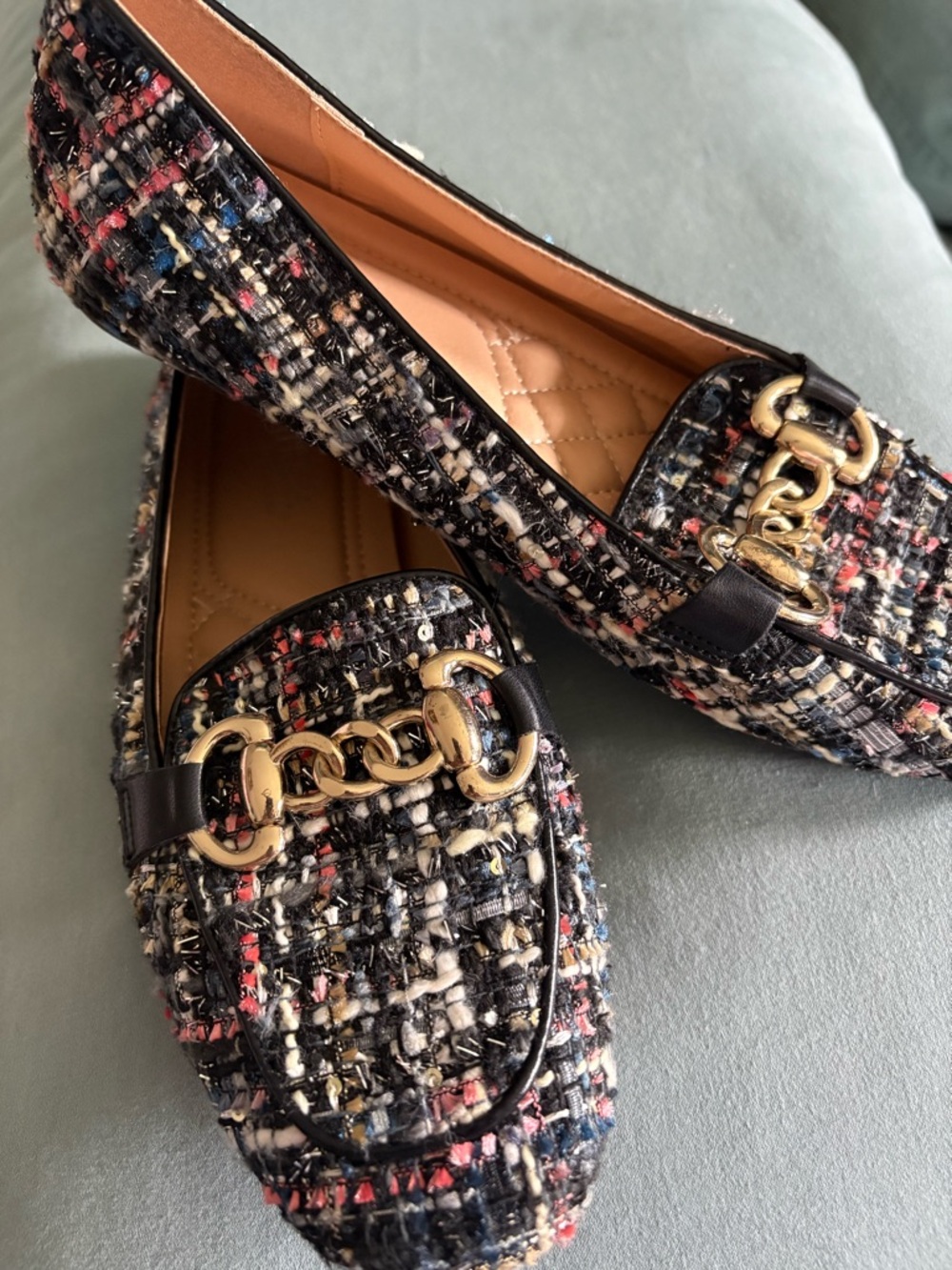 Patrizia Black Multi-Color Tweed Loafers with Gold Chain Size 7. 🌸